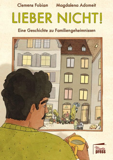 **TITEL: LIEBER NICHT!**  
Das Bild zeigt einen Mann in einem gelben Pullover, der eine Tasse hält. Vor ihm ist eine Straßenszene mit alten Gebäuden.