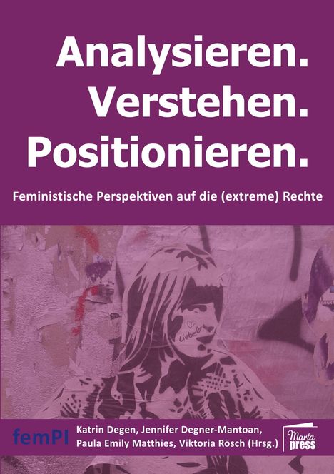 "Analysieren. Verstehen. Positionieren." Feministische Perspektiven auf rechte Extreme. Graffiti einer Person im lilafarbenen Stil.
