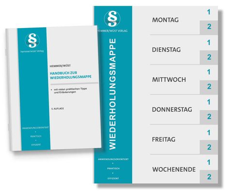 Links steht "HANDBUCH ZUR WIEDERHOLUNGSMAPPE", rechts Wochentage mit Zahlen. Oben Kreislogo mit "hemmer".