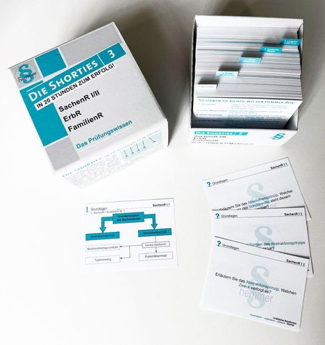 "Die Shorties 3: SachenR III, ErbR, FamilienR. Das Prüfungswissen." Stapel Lernkarten in einer offenen Box.