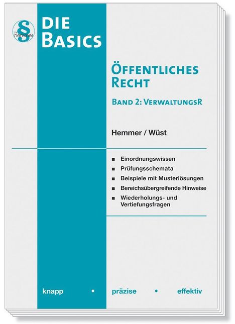Text auf dem Buchcover: „DIE BASICS, Öffentliches Recht, Band 2: VerwaltungsR, Hemmer/Wüst, knapp - präzise - effektiv“. Grafik mit blau-weißem Design.