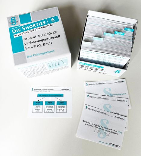 Text: "Die Shorties 6", "GrundR, StaatsOrgR", "VerfassungsprozessR", "VerwR AT, BauR", "Allgemeine Grundrechtslehren".  
Kartenstapel mit rechtlichen Lerninhalten.