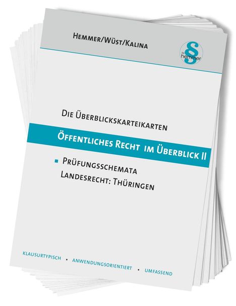 "Öffentliches Recht im Überblick II", Prüfungschemata, Landesrecht: Thüringen. Ein Stapel von Karteikarten mit Logo.