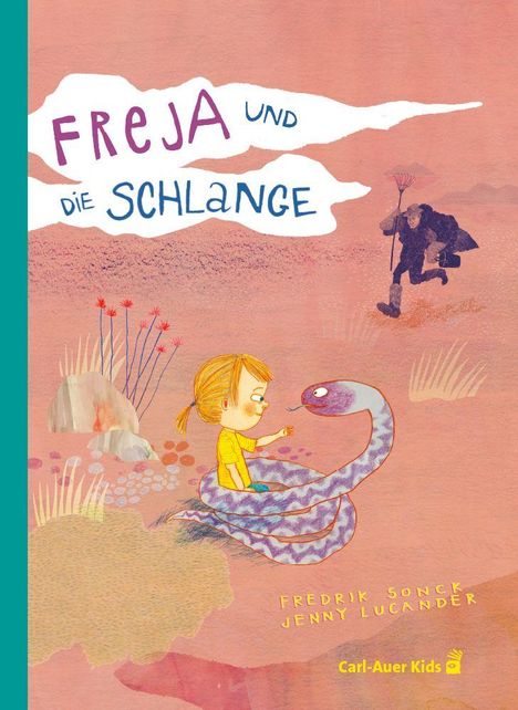 „Freja und die Schlange“. Ein Mädchen füttert eine lila Schlange. Im Hintergrund ein Mann mit Netz.