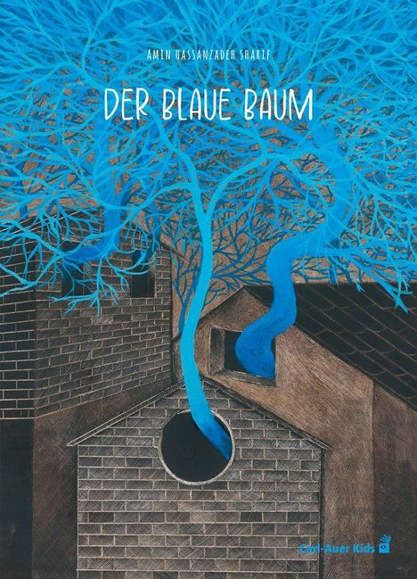 Text: "Der blaue Baum" von "Amin Hassanzadeh Sharif". Eine Illustration: Ein blauer Baum erstreckt sich über braune Häuser.