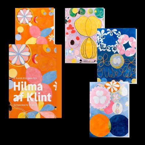 Text: "Hilma af Klint. Schwedische Malerei. 8 Kunst-Klappkarten." Bunte, abstrakte Kunstkarten mit geometrischen Formen.