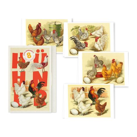 Text: "HÜHN" und "JEAN BUNGARTZ, 8 ERSTE KLAPPKARTEN". Illustrationen von Hühnern und Hähnen neben Eiern auf Karten.