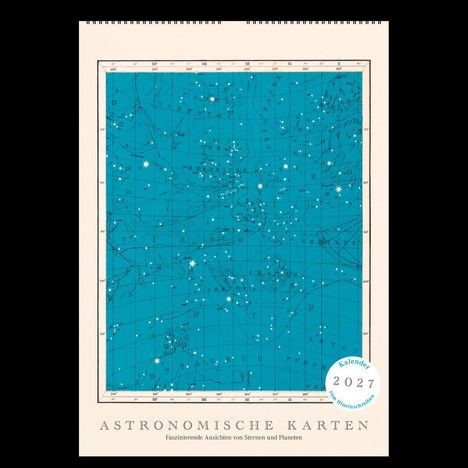 Kalender 2027. Astronomische Karten. Ansicht von Sternen. Illustration mit einem blauen Himmelsdiagramm voller Sterne.