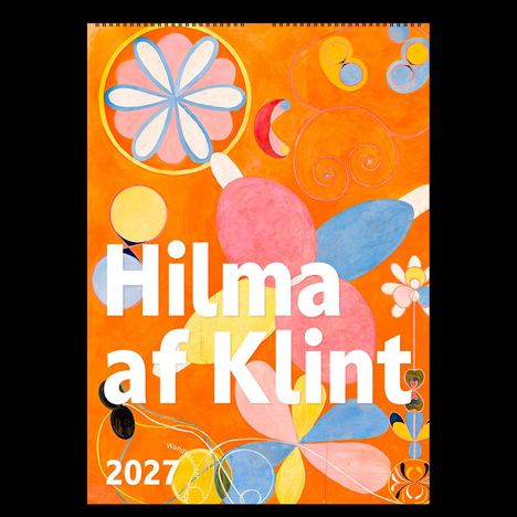 "Hilma af Klint 2027" in weißer Schrift auf farbenfrohem, abstraktem Hintergrund mit floralen und geometrischen Mustern.