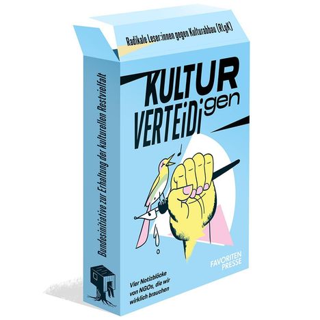 "KULTUR VERTEIDigen" in großen Buchstaben. Illustration: Eine erhobene Faust hält einen Pinsel. Links ein sitzender Vogel.