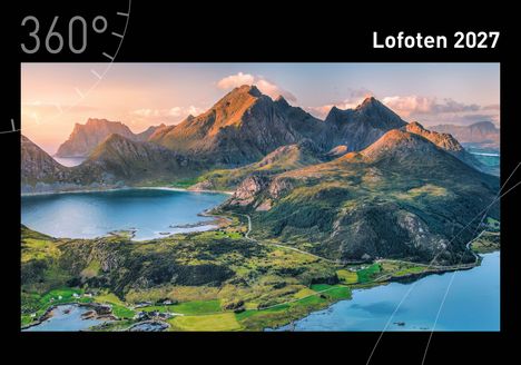 "Lofoten 2027" und "360°" stehen auf einem Foto von Bergen und Seen bei Sonnenuntergang, umgeben von einer schwarzen Umrandung.