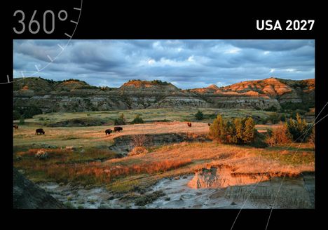 Text: "360°" und "USA 2027"; Landschaft mit Bergen, Büffeln und weiten Feldern.