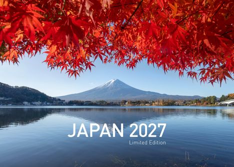 "JAPAN 2027 Limited Edition" in weißer Schrift, darunter rote Ahornblätter, ein See und ein schneebedeckter Berg im Hintergrund.