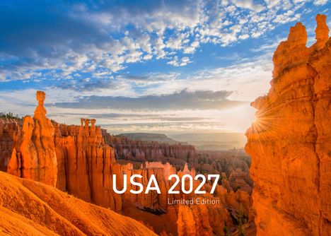 „USA 2027 Limited Edition“ vor malerischer Landschaft mit roten Felsformationen und strahlender Abendsonne.