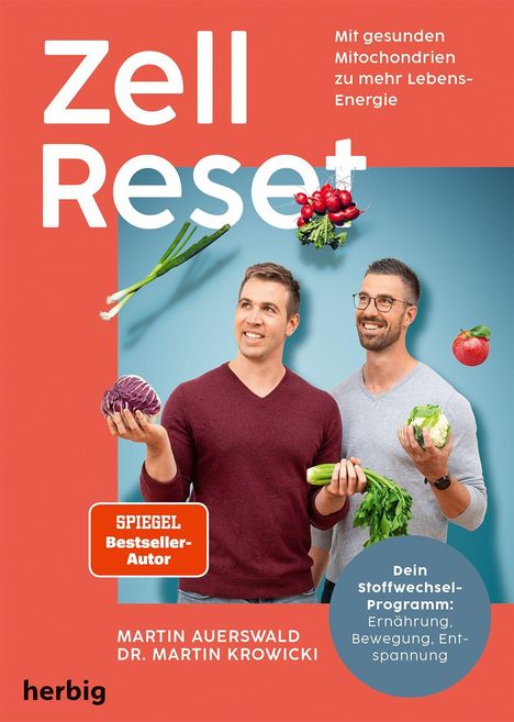 „Zell Reset“ in großer Schrift, zwei Männer lächelnd, einer hält Gemüse, bunte Hintergrundgestaltung.
