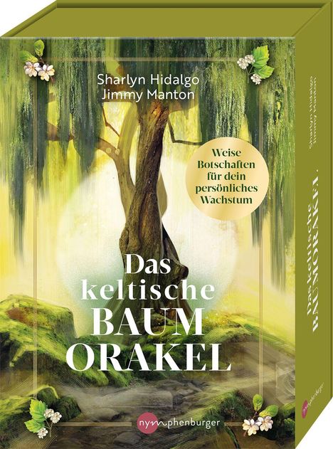 Texte: "Sharlyn Hidalgo, Jimmy Manton, Das keltische Baumorakel, Weise Botschaften für dein persönliches Wachstum." 
Illustration: Ein mystischer Baum mit grünem Laub und Blüten.