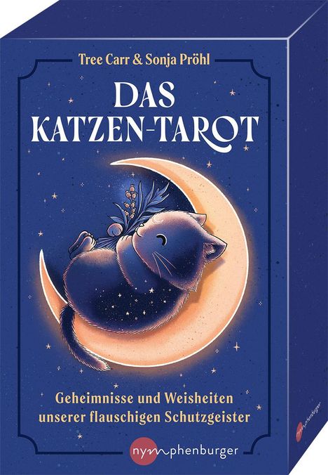 "Tree Carr & Sonja Pröhl. DAS KATZEN-TAROT. Geheimnisse und Weisheiten unserer flauschigen Schutzgeister." Illustration einer Katze auf einem Mond.