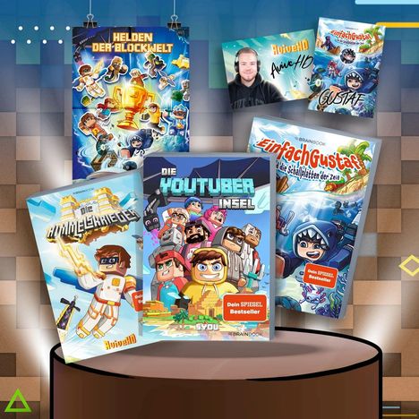 Poster mit Büchern: "Helden der Blockwelt", "Die Himmelskrieger", "Die YouTuber Insel", "EinfachGustaf - Die Schallplatten der Zeit".