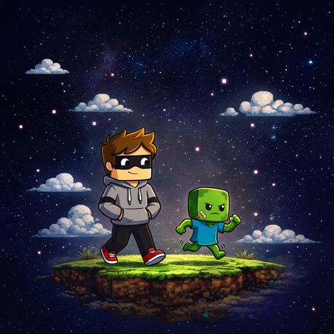 Eine Cartoon-Figur mit braunem Haar und Maske läuft neben einem grünlichen, blockartigen Wesen auf schwebendem Boden im Weltraum.