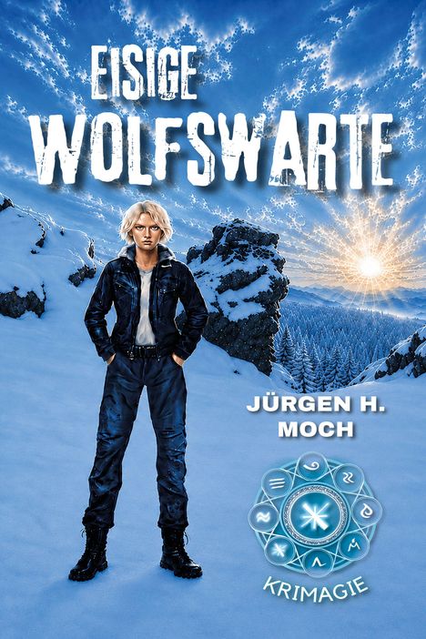 „Eisige Wolfswarte“ und „Jürgen H. Moch“ stehen im Vordergrund. Winterszene mit Person in dunkler Kleidung vor schneebedeckten Bergen.