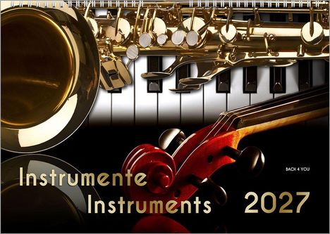 "Instrumente Instruments 2027". Gezeigt werden eine Trompete, Klaviertasten und ein Violinenhals im Hintergrund.