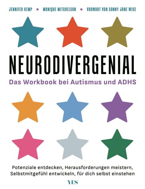 Oben: "Jennifer Kemp", "Monique Mitchelson", "Vorwort von Sonny Jane Wise". Text: "NEURODIVERGENIAL...Autismus und ADHS". Darunter bunte Sterne.