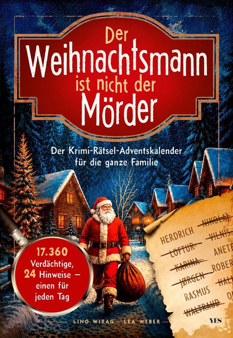 "Der Weihnachtsmann ist nicht der Mörder" steht prominent auf einem roten Schild. Im Hintergrund ein Winterdorf mit Weihnachtsmann.