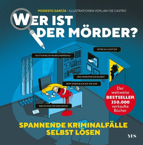 „Wer ist der Mörder?“ Spannende Kriminalfälle selbst lösen. Illustration eines Tatorts mit Hinweisen im Raum.