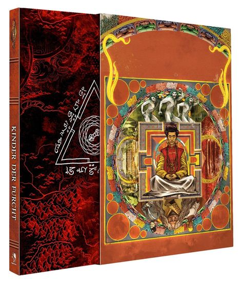 "KINDER DER FURCHT" steht links auf einem Buchrücken. Eine Illustration zeigt eine meditierende Person im Zentrum.