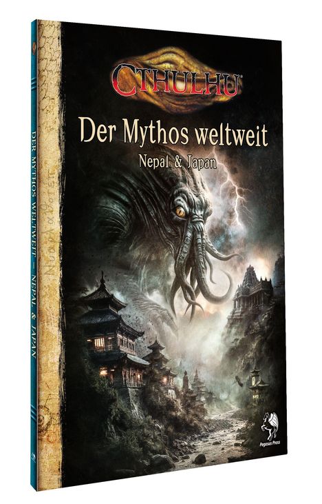 "Der Mythos weltweit: Nepal & Japan" steht auf einem Buchcover. Ein furchteinflößendes Wesen schwebt über asiatischen Tempeln.