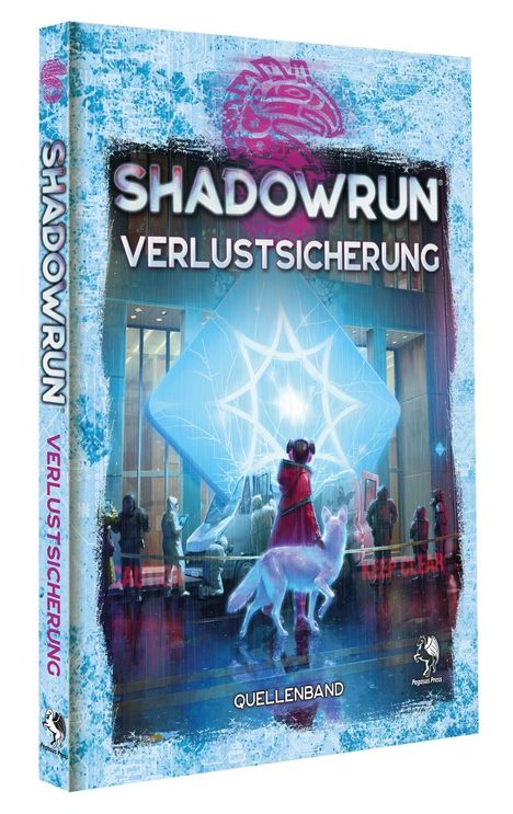 "SHADOWRUN VERLUSTSICHERUNG" und "QUELLENBAND". Eine Person mit Hund vor einem futuristischen Gebäude.
