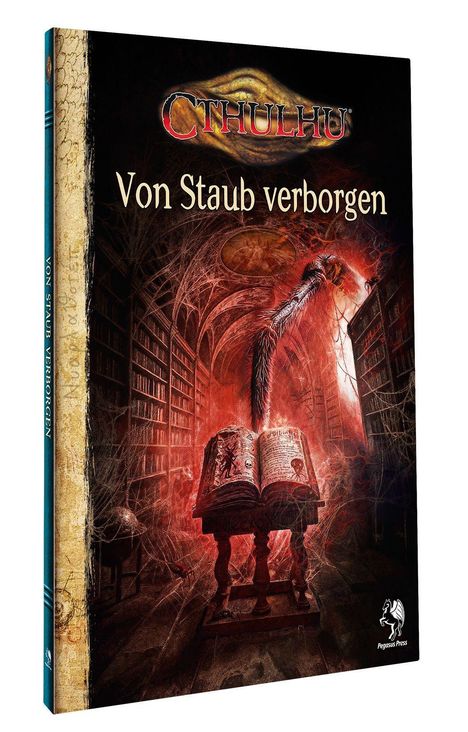 "CTHULHU: Von Staub verborgen" steht in einem mystischen Raum. Ein Tentakel ragt aus einem aufgeschlagenen Buch hervor.