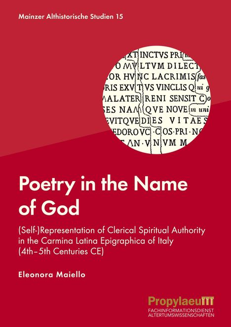Text: "Poetry in the Name of God", darunter ein akademischer Untertitel und der Name "Eleonora Maiello". Roter Hintergrund.
