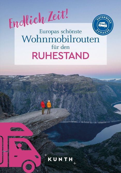 "Endlich Zeit! Europas schönste Wohnmobilrouten für den Ruhestand" erscheint über einer Berglandschaft mit zwei Personen.