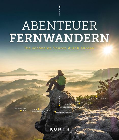 "Abenteuer Fernwandern: Die schönsten Touren durch Europa. Atemberaubend, inspirierend. Eine Person sitzt auf Felsen."