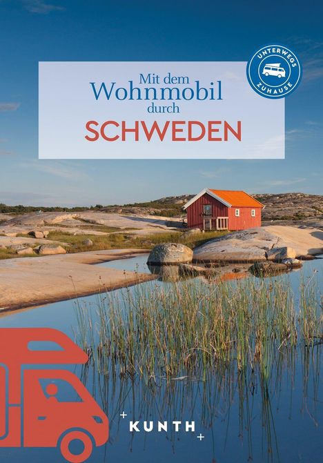 "Mit dem Wohnmobil durch Schweden". Landschaft mit rotem Häuschen, Felsen, Seegräser und stillem Wasser.