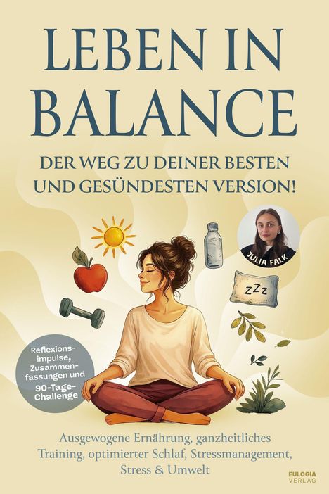 „LEBEN IN BALANCE“, darunter „Der Weg zu deiner besten und gesündesten Version!“, zeigt meditierende Frau.