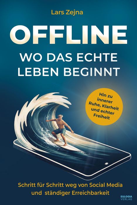 "OFFLINE: WO DAS ECHTE LEBEN BEGINNT. Surfer auf Handy-Welle, gelber Kreis: 'Hin zu innerer Ruhe, Klarheit und echter Freiheit.'"