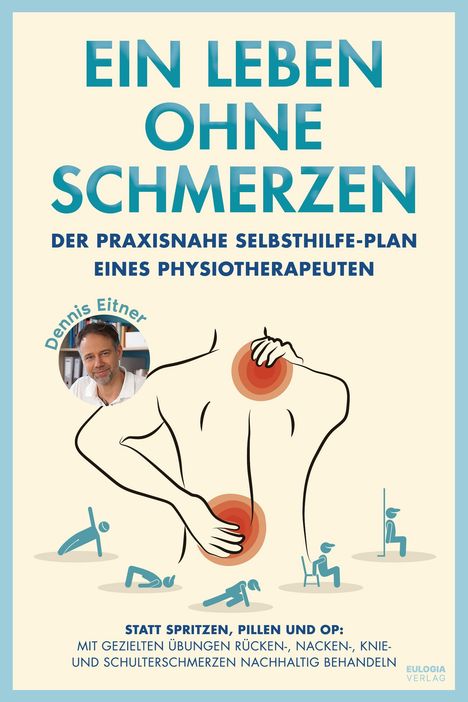 „Ein Leben ohne Schmerzen“, technischer Selbsthilfe-Plan von Physiotherapeuten. Abbildung einer Person mit Schmerzpunkten.