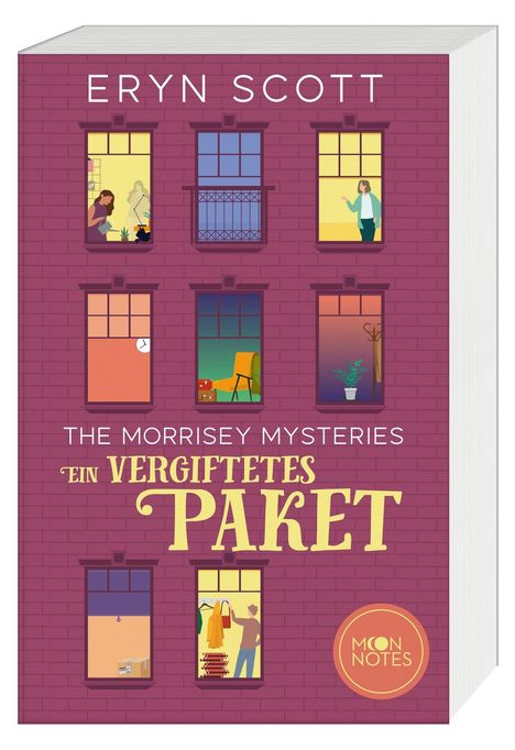 Text: "ERYN SCOTT, THE MORRISEY MYSTERIES, EIN VERGIFTETES PAKET, MOON NOTES". Ein Haus mit Figuren in den Fenstern.