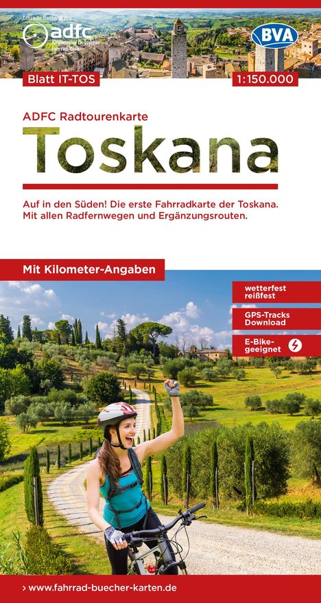 ADFC-Radtourenkarte IT-TOS Toskana 1:150.000, reiß- und wetterfest, E-Bike geeignet, GPS-Tracks Download, mit Bett+Bike Symbolen, mit Kilometer-Angaben, Karten