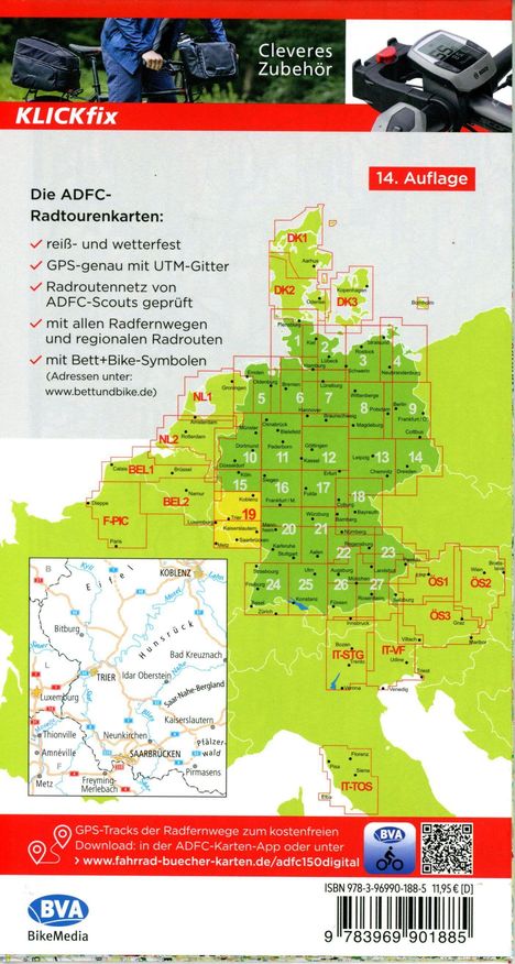 ADFC-Radtourenkarte 19 Saarland /Mosel 1:150.000, reiß- und wetterfest, E-Bike geeignet, GPS-Tracks Download, mit Bett+Bike Symbolen, mit Kilometer-Angaben, Karten