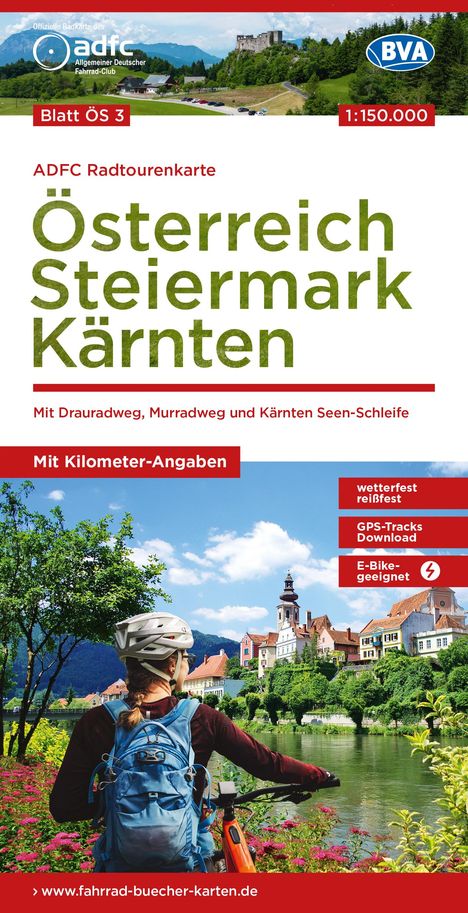 ADFC-Radtourenkarte ÖS3 Österreich Steiermark Kärnten 1:150:000, reiß- und wetterfest, E-Bike geeignet, GPS-Tracks Download, mit Bett+Bike Symbolen, mit Kilometer-Angaben, Karten