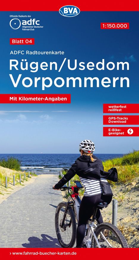 ADFC-Radtourenkarte 4 Rügen/Usedom Vorpommern 1:150.000, reiß- und wetterfest, E-Bike geeignet, GPS-Tracks Download, mit Kilometer-Angaben, Karten