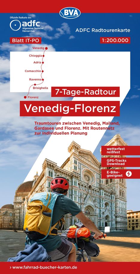 ADFC-Radtourenkarte IT-PO 7-Tage-Radtour Venedig-Florenz, 1:200.000, reiß- und wetterfest, E-Bike-geeignet, GPS-Tracks Download, mit Kilometerangaben, Karten