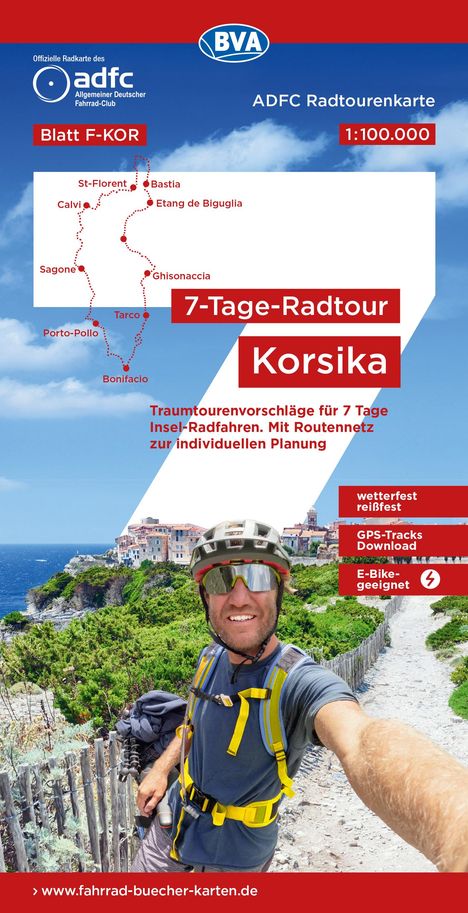 ADFC-Radtourenkarte F-KOR 7-Tage-Radtour Korsika, 1:100.000, reiß- und wetterfest, E-Bike geeignet, GPS-Tracks Download, mit Kilometerangaben, Karten