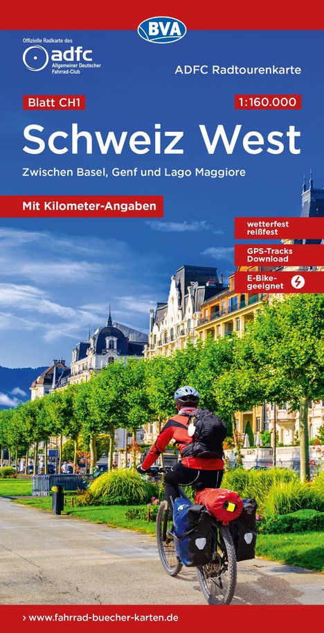 ADFC-Radtourenkarte CH1 Schweiz West 1:160.000, reiß- und wetterfest, E-Bike geeignet, GPS-Tracks Download, mit Knotenpunkten, mit Bett+Bike Symbolen, mit Kilometer-Angaben, Karten