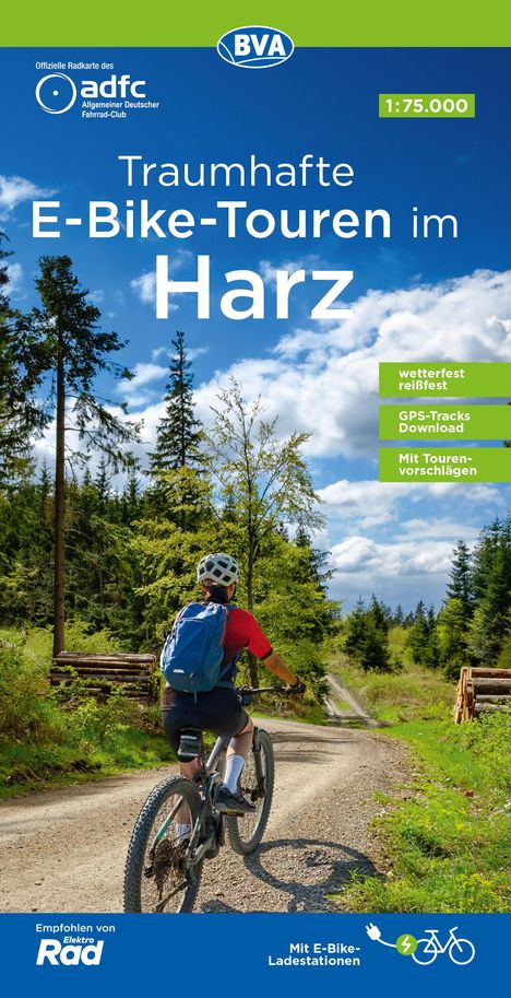 ADFC-Regionalkarte Traumhafte E-Bike-Touren im Harz, 1:75.000, mit Tagestourenvorschlägen, reiß- und wetterfest, GPS-Tracks Download, Karten