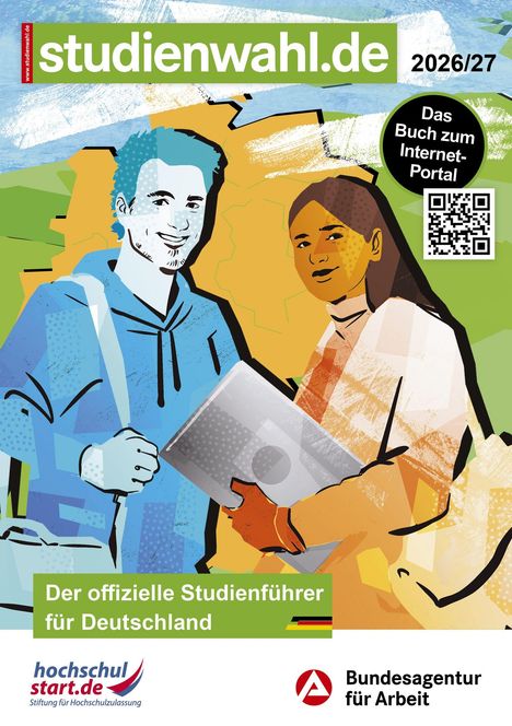 "studienwahl.de 2026/27", zwei stilisierte junge Menschen mit Laptop, Texte zu Studienführer, Logos von hochschulstart.de und Bundesagentur.