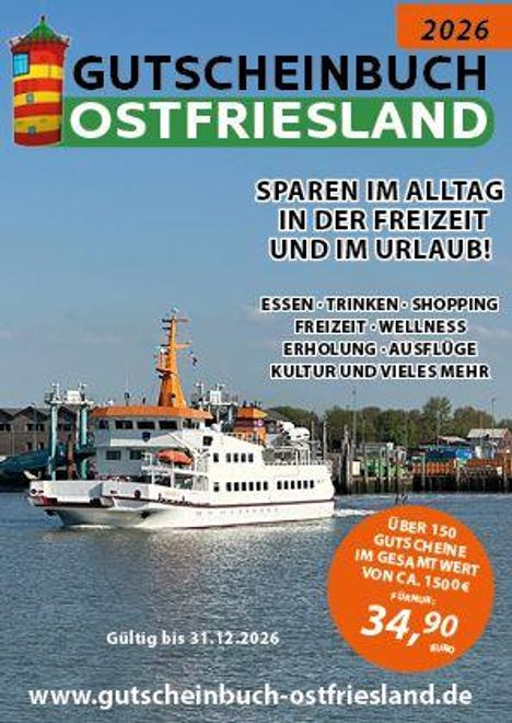 "GUTSCHEINBUCH OSTFRIESLAND 2026" mit einem Bild eines weißen Schiffes im Hafen, blauer Himmel. Gültig bis 31.12.2026.